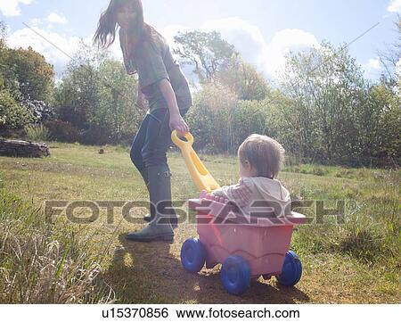 Mother pulling toddler girl in wagon View Large Photo Image Stock Photograph - Mother pulling toddler girl in wagon. Fotosearch