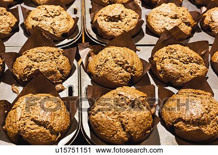 Stock Image - Muffins in baking tin. Fotosearch