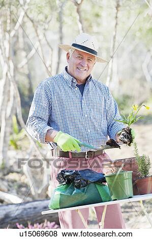 Stock Photo - Older man gardening outdoors. Fotosearch