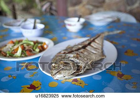 Plates of fish and vegetables on table View Large Photo Image Stock Photography - Plates of fish and vegetables on table. Fotosearch