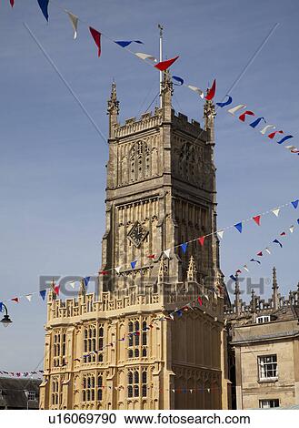 Stock Image - Streamers hanging from ornate cathedral. Fotosearch