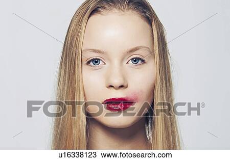 Woman with smeared lipstick View Large Photo Image Stock Image - Woman with smeared lipstick. Fotosearch