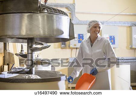 Stock Image - Worker with machinery in biscuit factory. Fotosearch