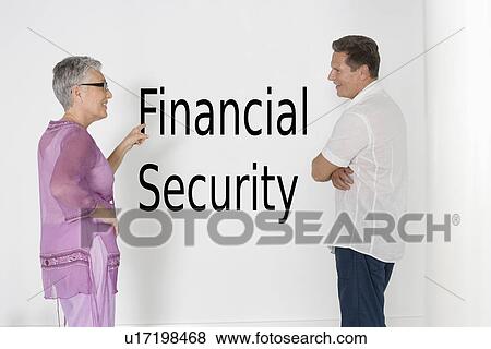 Couple discussing financial security against white wall with English text View Large Photo Image Stock Photo - Couple discussing financial security against white wall with English text. Fotosearch
