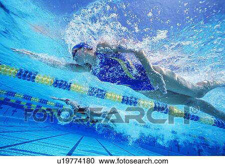 Stock Image - Female professional participants racing in pool. Fotosearch