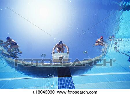 Low angle view of female swimmers ready to dive in pool from starting position View Large Photo Image Stock Image - Low angle view of female swimmers ready to dive in pool from starting position. Fotosearch