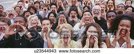 Stock Image - Panoramic shot of crowd shouting with hands on face. Fotosearch