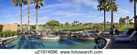 Panoramic view of swimming pool, hot tub and golf course View Large Photo Image Stock Photograph - Panoramic view of swimming pool, hot tub and golf course. Fotosearch