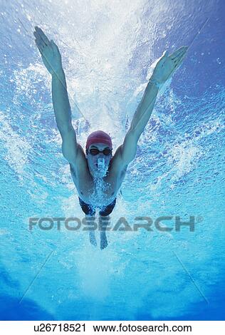 Stock Image - Professional young male athlete swimming in pool. Fotosearch