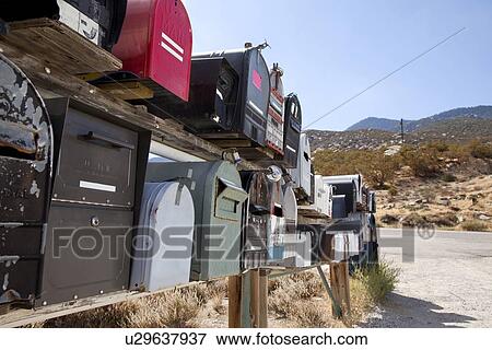 Stock Photo - Rows of mailboxes by dusty road. Fotosearch