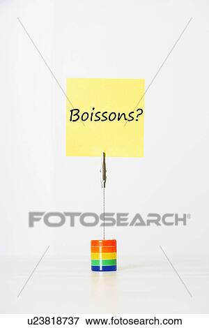 Sticky notepaper with French text "Boissons? " (drinks) clipped to a multicolored card holder View Large Photo Image Stock Photo - Sticky notepaper with French text "Boissons? " (drinks) clipped to a multicolored card holder. Fotosearch