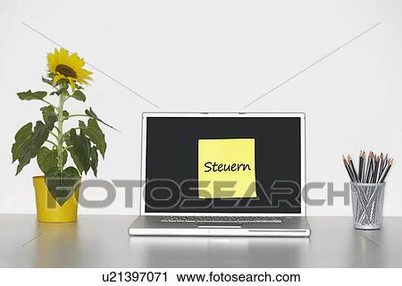 Stock Image - Sunflower plant on desk and sticky notepaper with German text on laptop screen saying "Steuern" (Taxes). Fotosearch