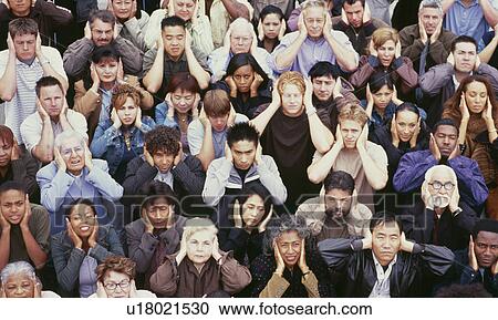 Stock Image - View of crowd covering ears. Fotosearch