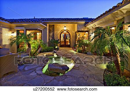 Villa Court yard with fountains View Large Photo Image Stock Image - Villa Court yard with fountains. Fotosearch