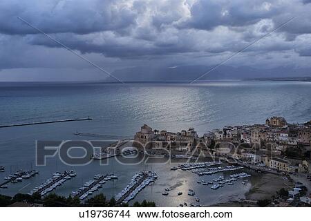 Castellammare al Golfo at sunrise, aerial view, Sicily, Italy View Large Photo Image Picture - Castellammare al Golfo at sunrise, aerial view, Sicily, Italy. Fotosearch