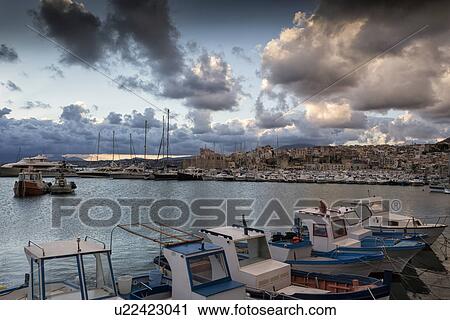 Stock Image - Castellammare al Golfo at sunrise, aerial view, Sicily, Italy. Fotosearch