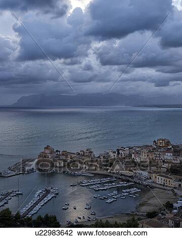 Castellammare al Golfo at sunrise, aerial view, Sicily, Italy View Large Photo Image Stock Image - Castellammare al Golfo at sunrise, aerial view, Sicily, Italy. Fotosearch