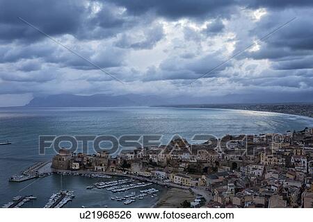 Castellammare al Golfo at sunrise, aerial view, Sicily, Italy View Large Photo Image Stock Photograph - Castellammare al Golfo at sunrise, aerial view, Sicily, Italy. Fotosearch
