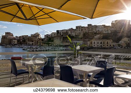 Stock Photo - Castellammare al Golfo view from restaurant, Sicily, Italy. Fotosearch
