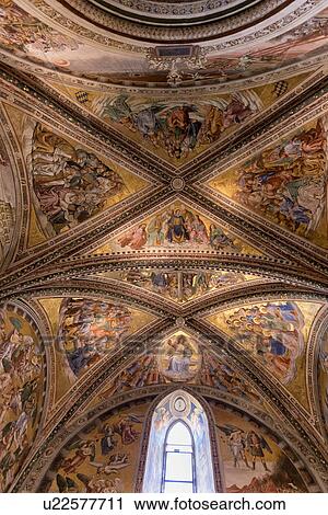 Stock Image - Church interior, ribbed and frescoed ceiling, Duomo Orvieto, Umb. Fotosearch