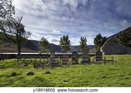 Stock Photography - Church ruin and graveyard, Loch Lee, Angus, Scotland. Fotosearch