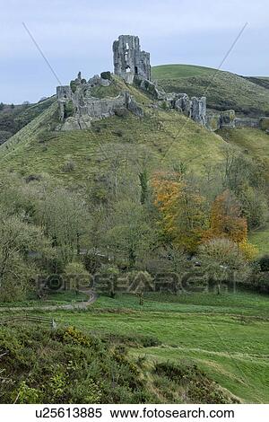 Stock Photography - Corfe Castle in autumn, Dorset, England. Fotosearch
