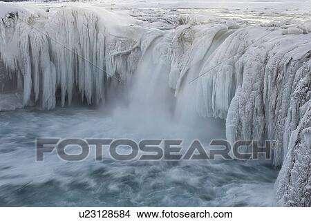 Godafoss waterfall frozen in winter, Iceland View Large Photo Image Picture - Godafoss waterfall frozen in winter, Iceland. Fotosearch