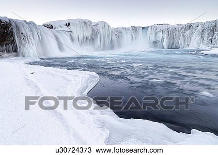Godafoss waterfall frozen in winter, Iceland View Large Photo Image Stock Image - Godafoss waterfall frozen in winter, Iceland. Fotosearch
