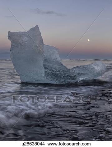 Picture - Iceberg at Jokulsarlon beach, sunset with moon rising, Iceland. Fotosearch