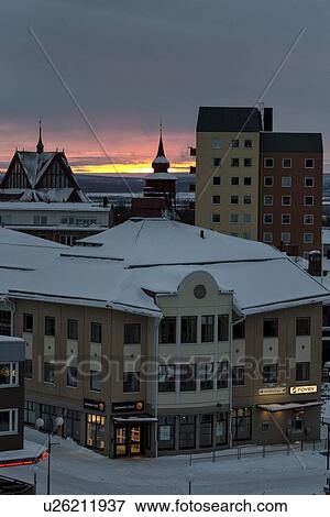 Kiruna city centre snow-covered rooftops at sunrise, Sweden View Large Photo Image Stock Photo - Kiruna city centre snow-covered rooftops at sunrise, Sweden. Fotosearch