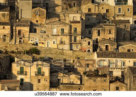 Stock Photo - Modica aerial sunset view, Sicily, Italy. Fotosearch