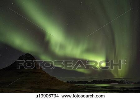 Picture - Northern lights over Grundarfjordur, Snaefellnes, Iceland. Fotosearch