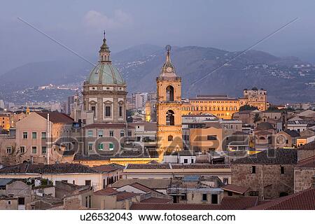 Stock Image - Palermo city view at dawn, Sicily, Italy. Fotosearch