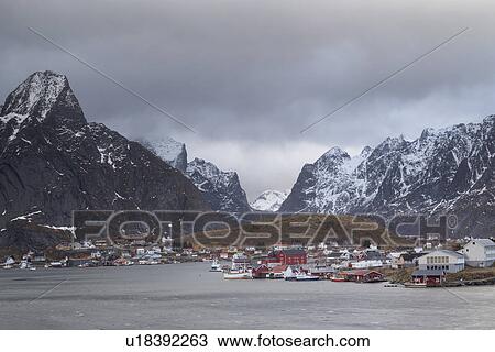 Stock Image - Scenic sunset view of Reine, Lofoten islands, Norway. Fotosearch