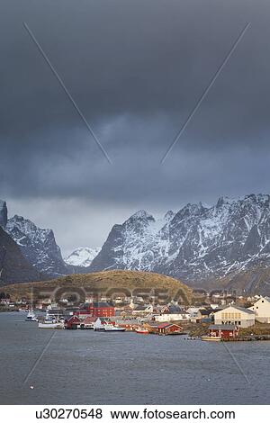 Stock Photo - Scenic sunset view of Reine, Lofoten islands, Norway. Fotosearch