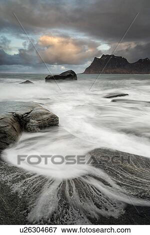 Tidal pools and waves, Uttakveir at sunset, Norway View Large Photo Image Stock Photo - Tidal pools and waves, Uttakveir at sunset, Norway. Fotosearch