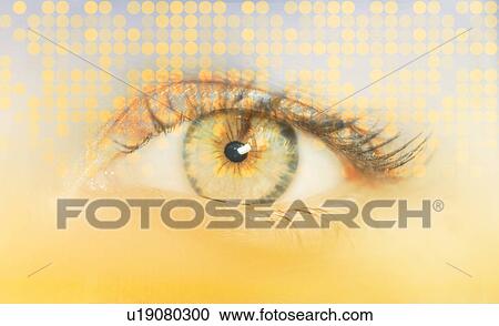 Stock Image - Close-up of female eye with digital pattern. Fotosearch