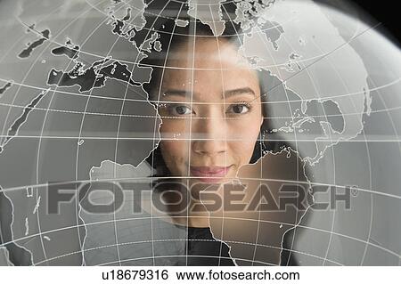 Digital portrait of young woman on world map View Large Photo Image Stock Photograph - Digital portrait of young woman on world map. Fotosearch