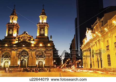 Stock Photo - Illuminated Plaza de Armas in capital city. Fotosearch