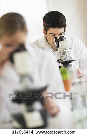 Picture - Scientists doing research on microscopes. Fotosearch