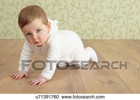 Baby girl crawling on floor View Large Photo Image Stock Image - Baby girl crawling on floor. Fotosearch