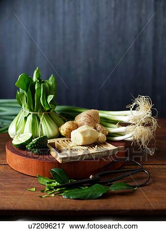 Bok choy, kaffir lime, ginger, shallots, spring onions View Large Photo Image Stock Photo - Bok choy, kaffir lime, ginger, shallots, spring onions. Fotosearch