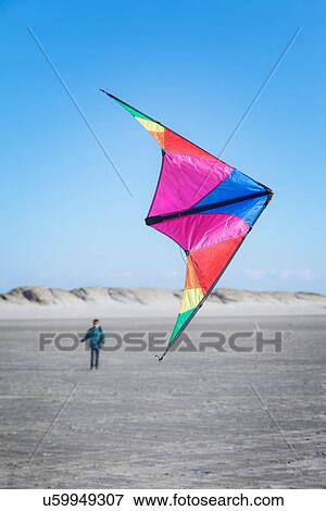 Boy flying kite on beach View Large Photo Image Stock Photo - Boy flying kite on beach. Fotosearch