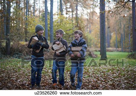 Boys walking through forest carrying wood View Large Photo Image Stock Image - Boys walking through forest carrying wood. Fotosearch