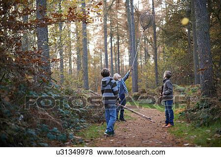 Boys walking through forest with fishing equipment View Large Photo Image Stock Photo - Boys walking through forest with fishing equipment. Fotosearch