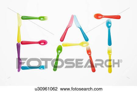Stock Image - EAT written in plastic cutlery. Fotosearch