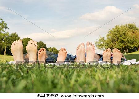 Stock Image - Family with two children lying on grass, focus on feet. Fotosearch