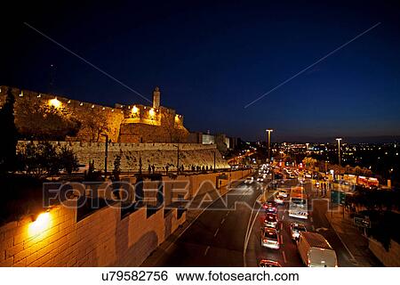 Jerusalem, Old City. The illuminated walls at night Tower of David in centre left, Israel View Large Photo Image Stock Photograph - Jerusalem, Old City. The illuminated walls at night Tower of David in centre left, Israel. Fotosearch