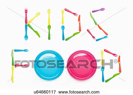 KIDS FOOD written with plastic cutlery and plates View Large Photo Image Stock Photo - KIDS FOOD written with plastic cutlery and plates. Fotosearch