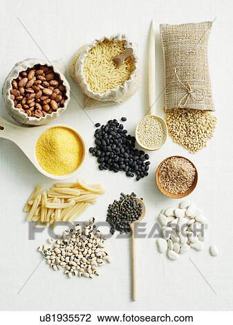 Stock Image - Selection of beans and pulses. Fotosearch
